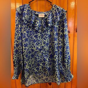 First Love By Lovelyn Floral Ruffle Blouse Green Blue